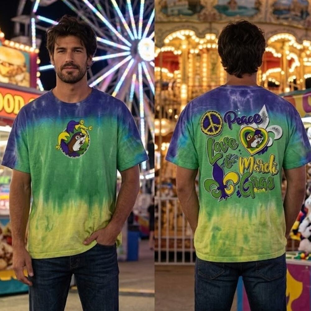 Buc-ee's Mardi Gras Tie Dye Shirt Men’s XXL 50-52 Chest Purple Yellow Green Tee